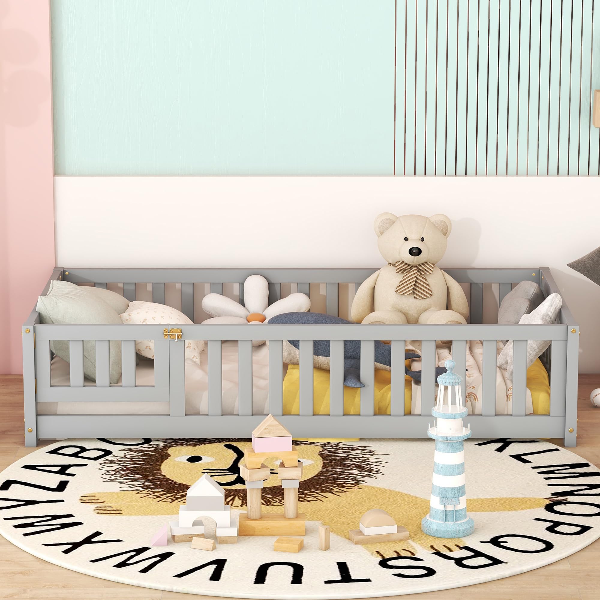 SOFTSEA Twin Size Floor Bed Frame with Safety Guardrails & Door for Kids - Solid Wood Toddler Bed with Fence - No Box Spring Needed - Easy Assembly - Gray - Perfect for Playrooms, Daycare Centers & Montessori Bedrooms