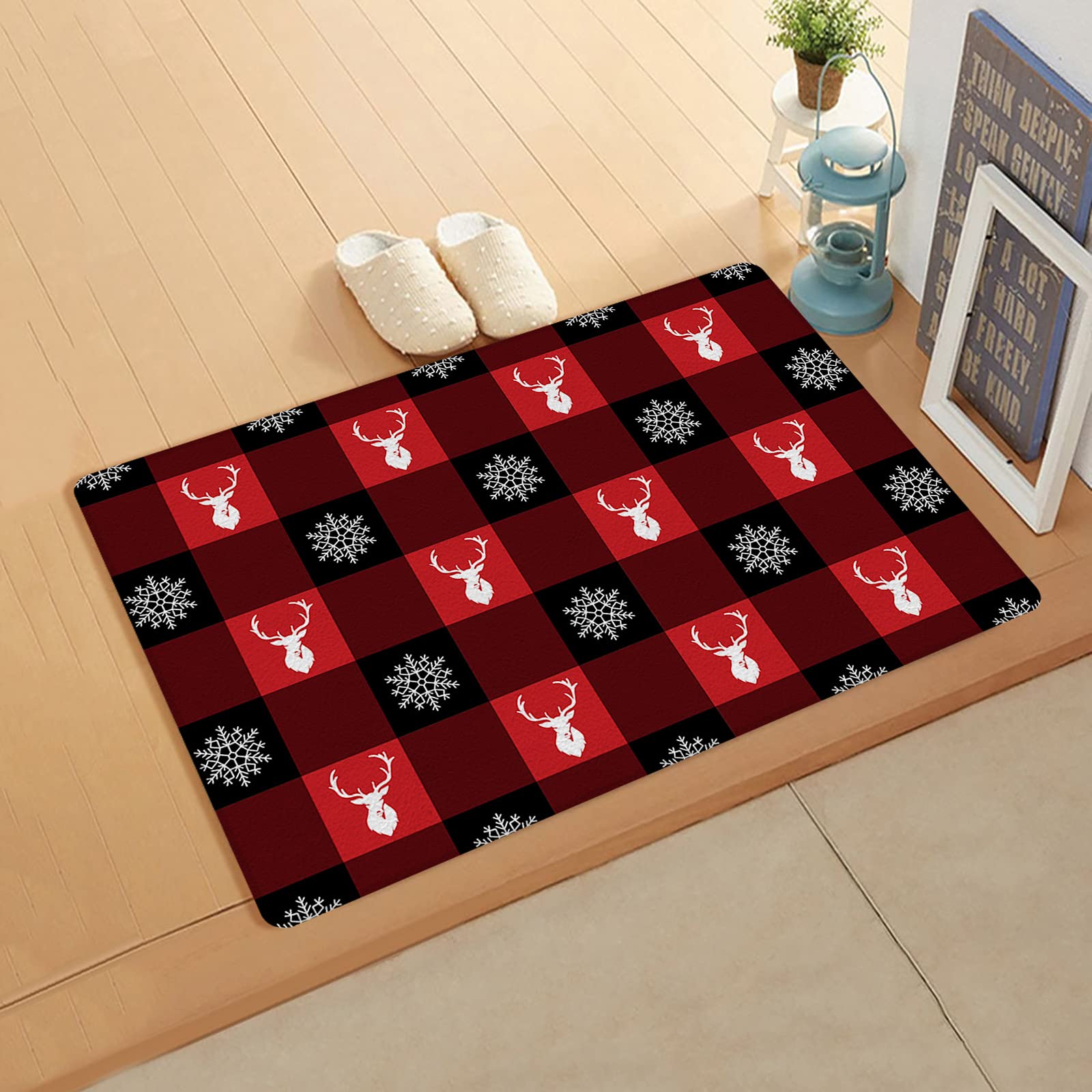 Non-Slip PVC Welcome Doormat 24x36 Inch - Merry Christmas Elk & Snowflake Design for Indoor/Outdoor Use - Dirt Trapping Entryway Rug for Front Door, Kitchen, Bathroom, Laundry - Perfect Holiday Decor & Mud Protection