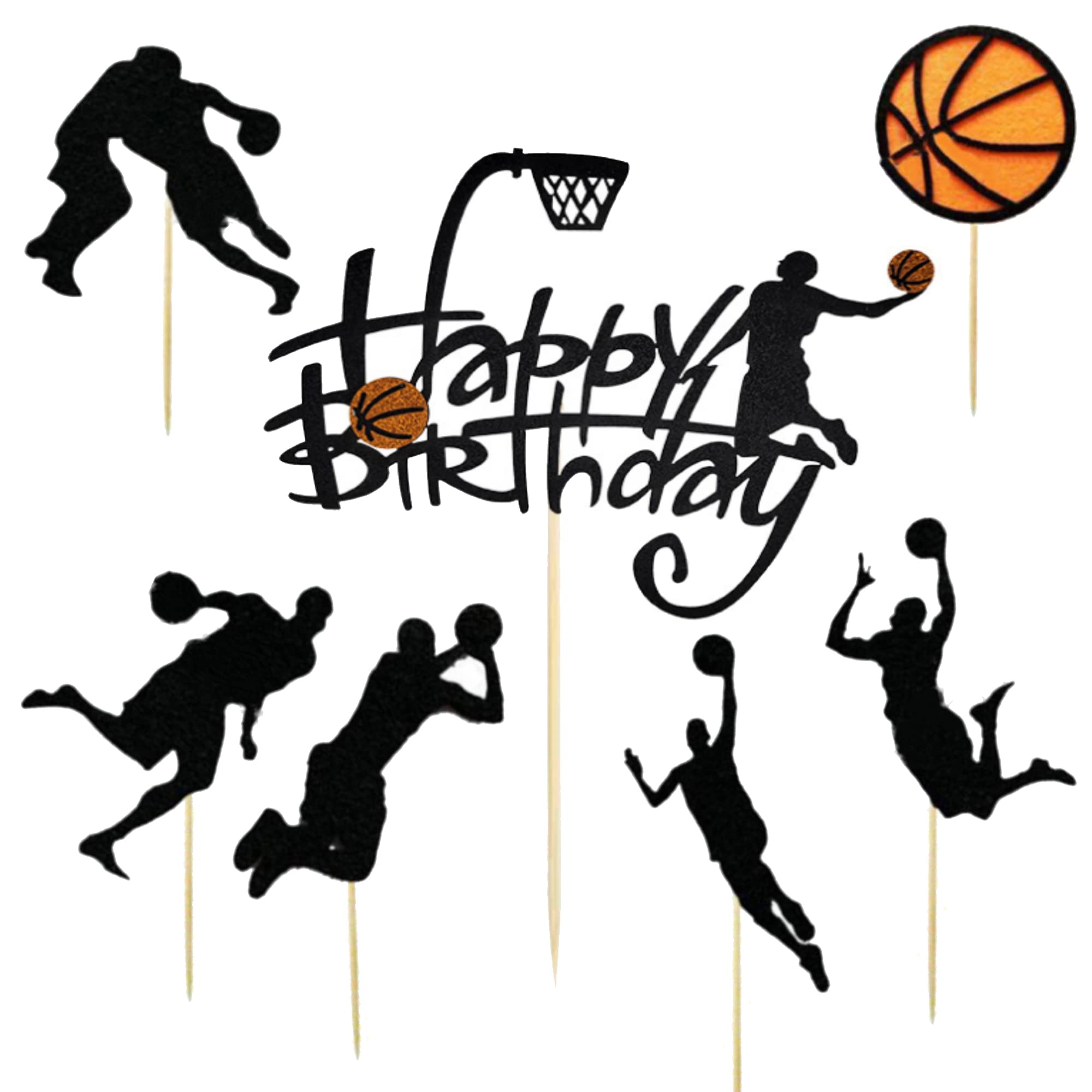 7-Piece Basketball Cake Topper Set - Happy Birthday Basketball Party Decorations - Black & Orange Basketball Cake Decor for Sports Themed Birthday Parties - Perfect for Cakes, Cupcakes & Dessert Tables