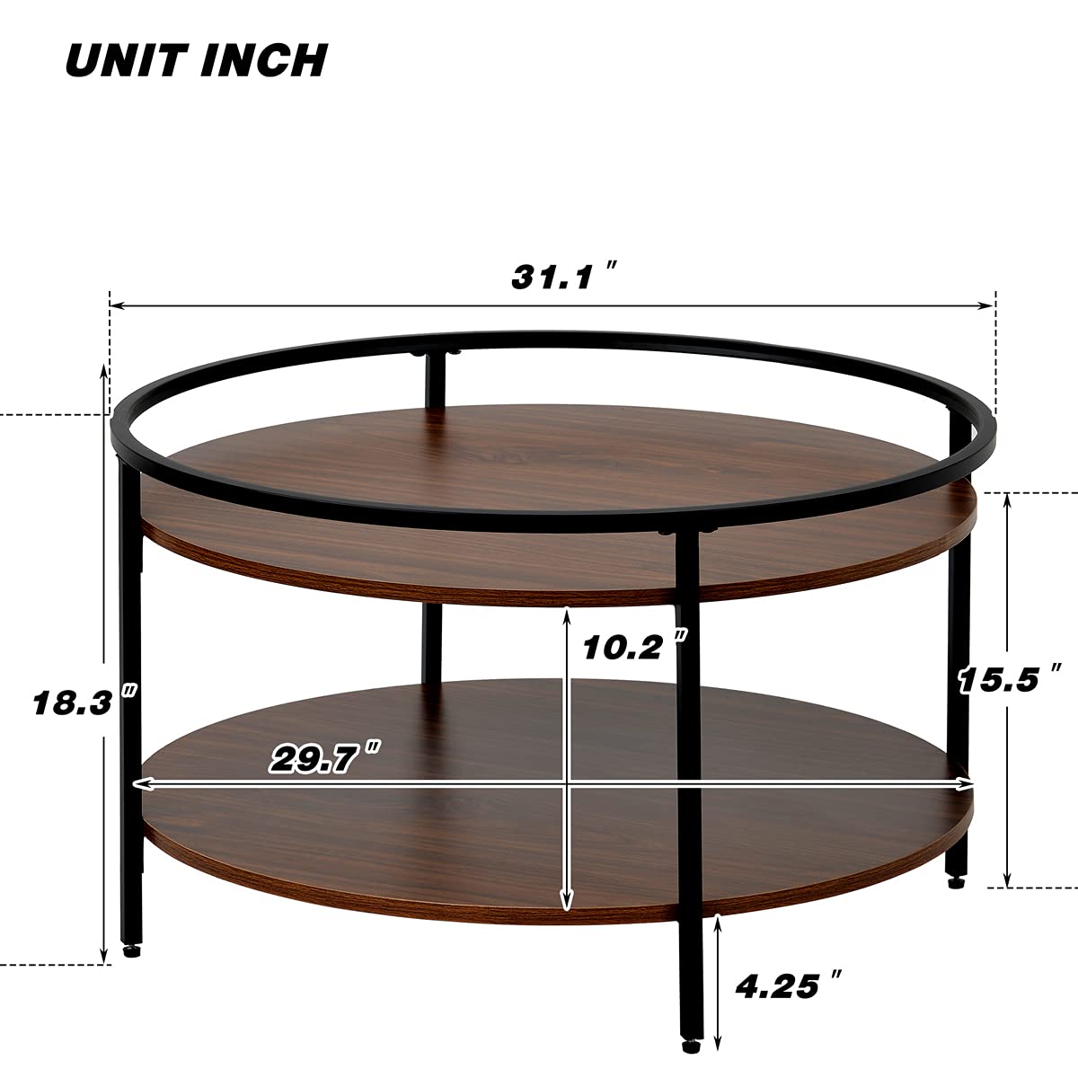 Modern Industrial Round Coffee Table with Sink Top - Brown Wooden Living Room Furniture for Small Spaces, Apartments & Lounge Decor