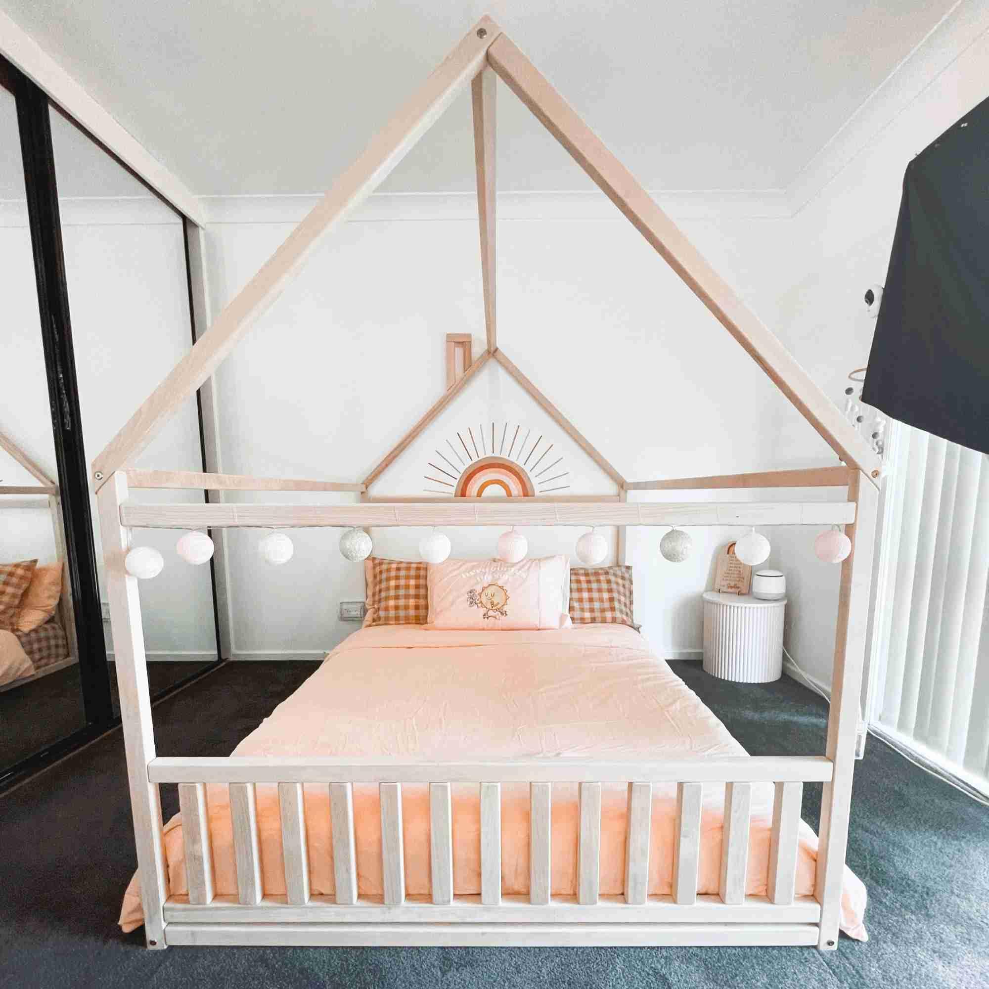 Montessori Toddler Floor Bed with Headboard - Kids House Bed for Playroom & Nursery