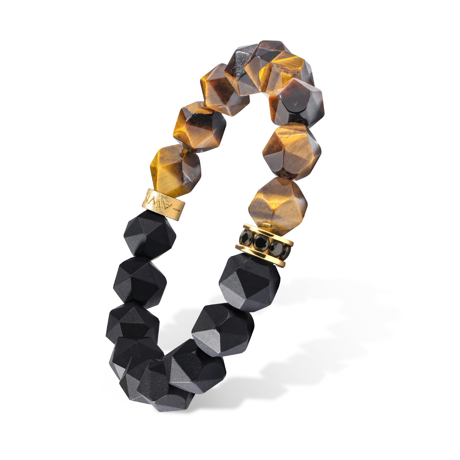 Premium Handmade Beaded Bracelet for Men - Tiger Eye, Onyx & Obsidian Natural Gemstones (10mm) with Sterling Silver Protection Charm - Adjustable Stretch Fit (5.9