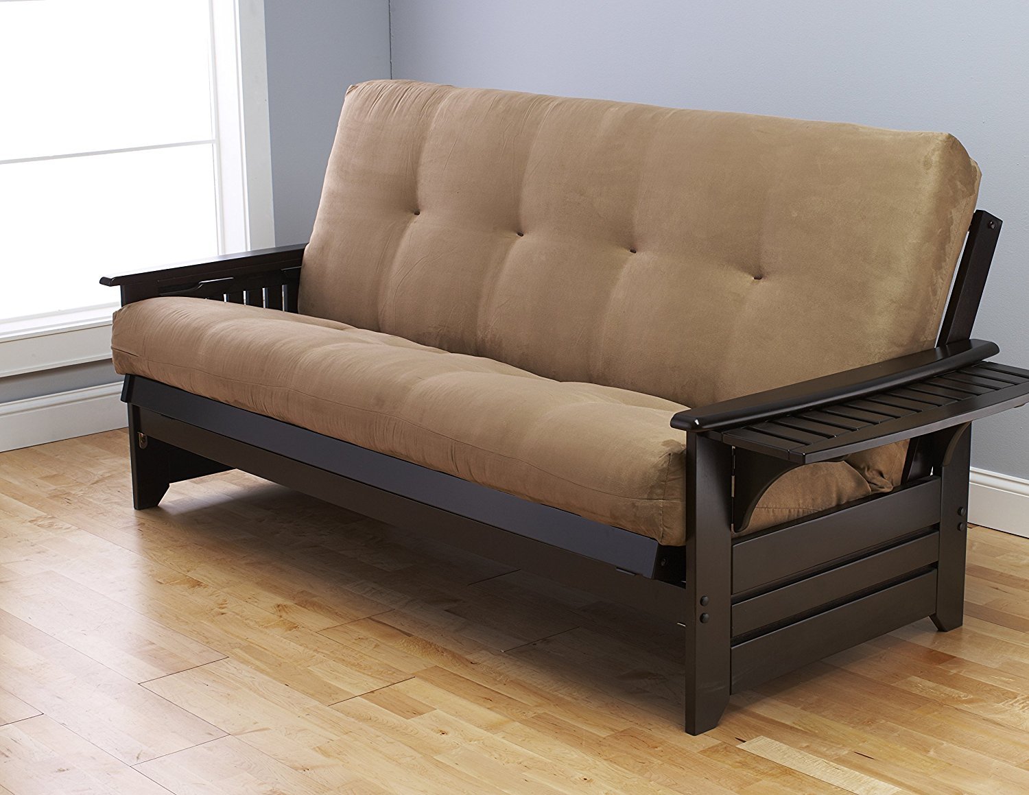 Queen Size Phoenix Espresso Wooden Futon Sofa Bed Frame with 7-Inch Microfiber Suede Mattress - Convertible Sleeper for Guest Room, Dorm, or Small Space (Peat Mattress, Frame Only - Queen Size)