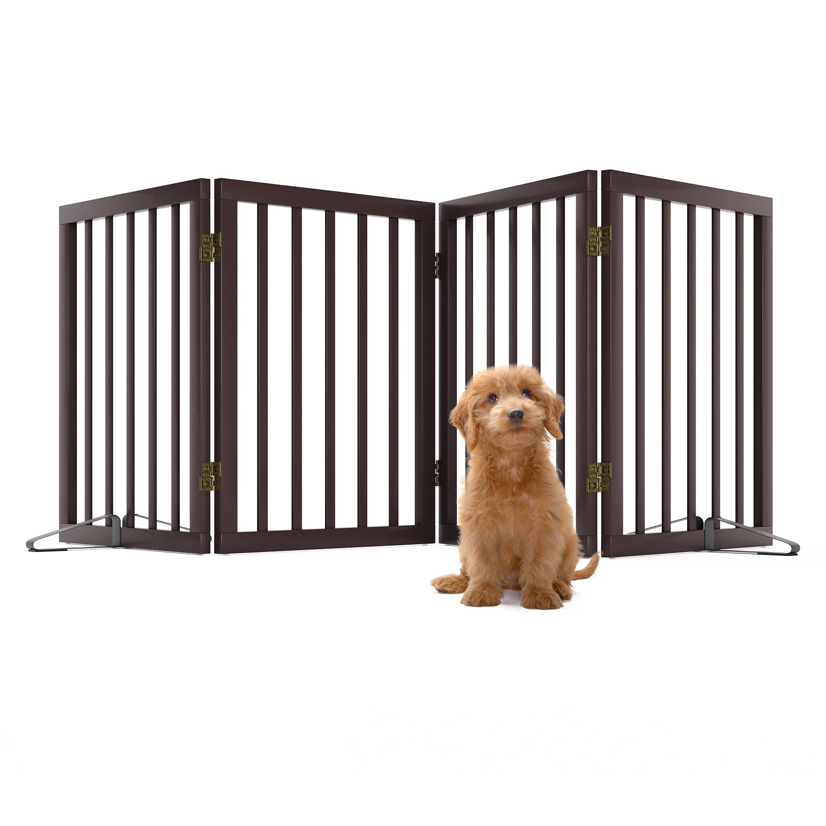 Foldable Wooden Dog Gate - 4 Panel Freestanding Pet Fence for Indoor Use, Extra Wide 24in Height with 2 Support Feet | Perfect for Doorways, Hallways & Stair Safety