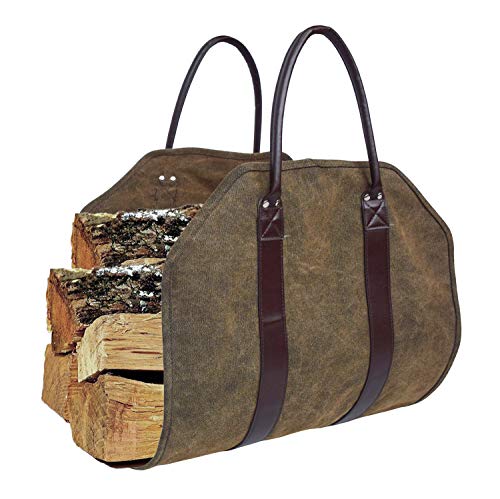 Heavy Duty Waxed Canvas Firewood Log Carrier Tote Bag - Durable Firewood Holder for Indoor Fireplace, Outdoor Camping & Wood Stove Accessories - Perfect for Hauling Firewood, Kindling & Hay