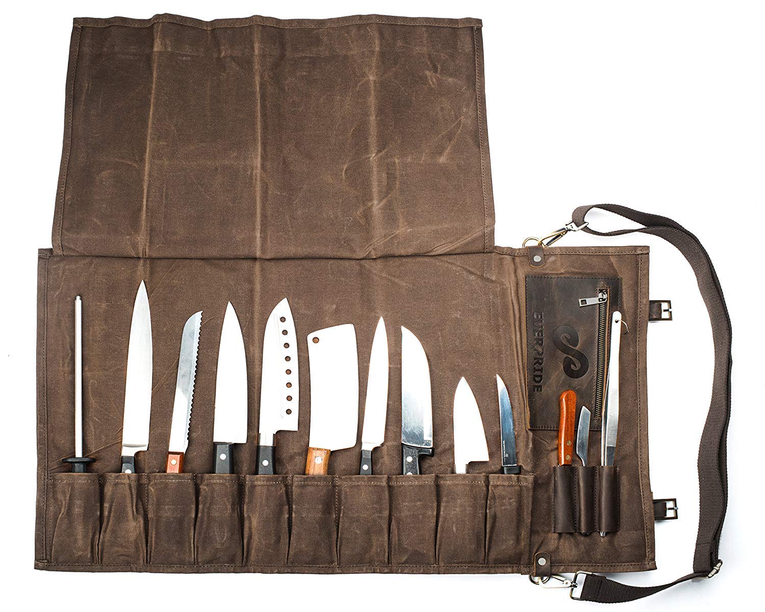 EVERPRIDE Professional Chef Knife Roll Bag with Knife Guard Set - 10-Piece Canvas & Leather Knife Storage for Chefs - Felt-Lined BPA-Free Sheaths (Knives Not Included) - Perfect for Culinary School, Restaurant Kitchens & Home Cooking