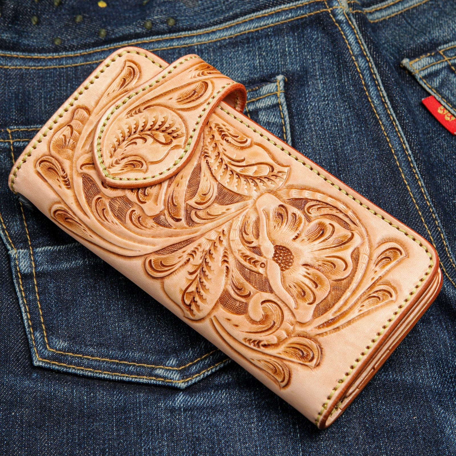 Japanese Floral Light Brown Genuine Leather Turquoise Concho Biker Wallet for Men - Western Style Money Clip Billfold with Conchos - Perfect for Motorcycle Riders, Cowboy Fashion & Gift Giving
