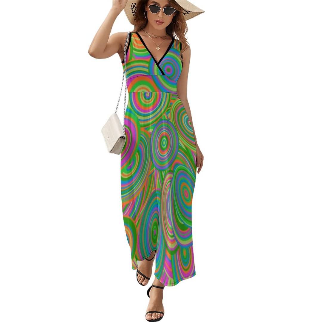 Vintage 60s & 70s Inspired Blue and Green Circles Boho Maxi Dress - Women's XL Beach Cover Up Dress for Summer Vacation, Music Festivals & Boho Chic Outfits