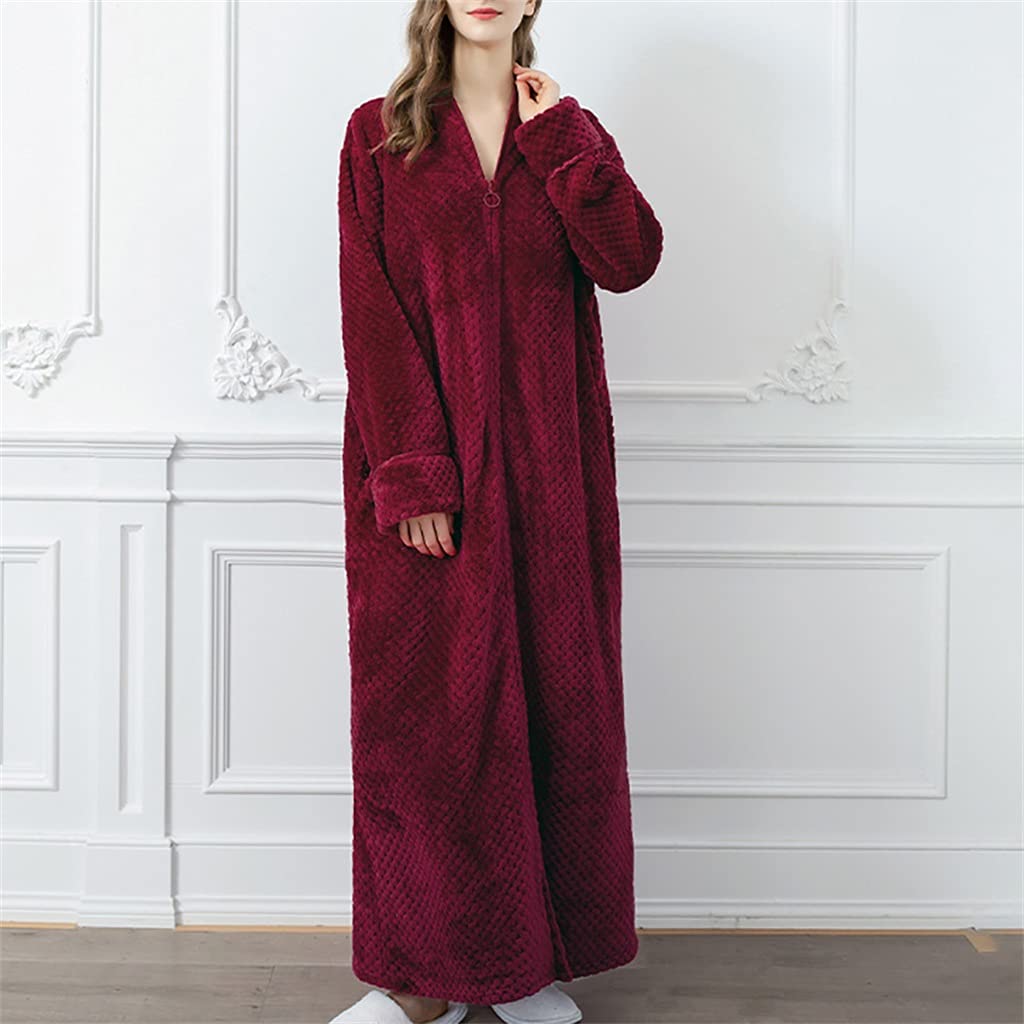 Women's Warm Zippered Long Nightgown - Soft Coral Velvet Thickened Pajama Dress with Pockets | Cozy Winter Sleepwear for Home, Lounge & Travel (Color: C, Size: XL)