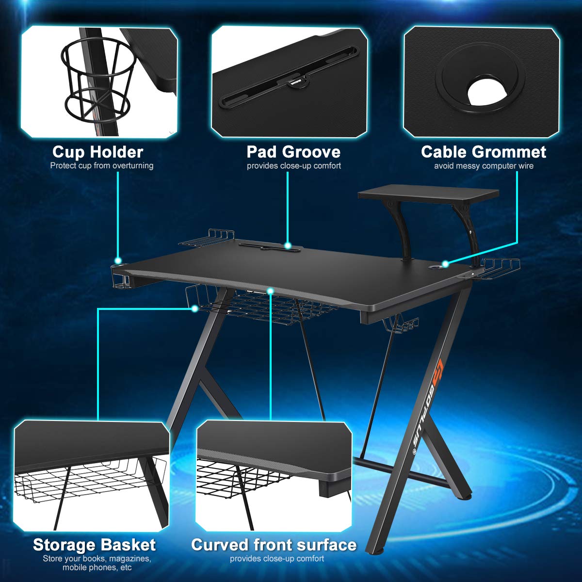 PowerStone 52 Inch Gaming Desk with Monitor Shelf, Storage Basket, Cup Holder & Headphone Hook - Ergonomic Racing Style Computer Desk for PC Gamers & Streamers - Perfect for Esports, Home Office & Gaming Setups