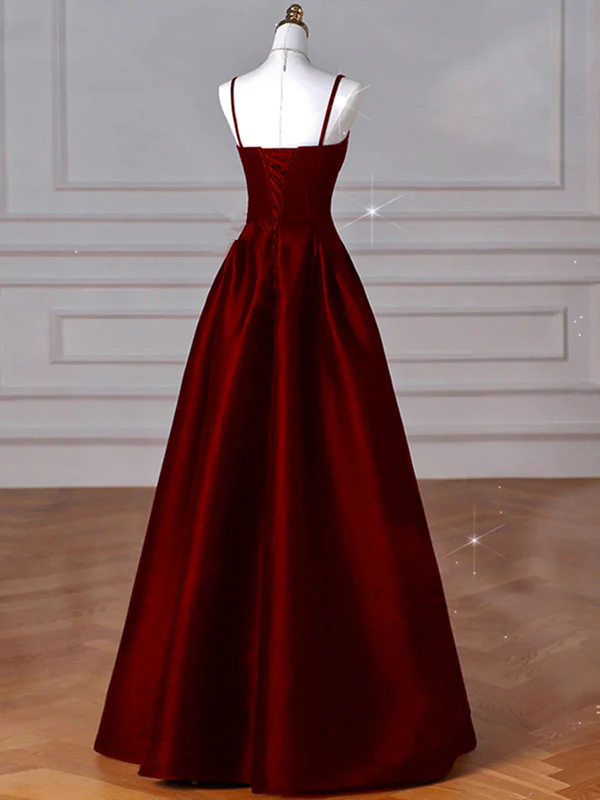 Elegant Burgundy A-Line Satin Long Prom Dress for Evening Party & Formal Events - J4359 | Perfect for Homecoming, Ball Gowns, and Special Occasions