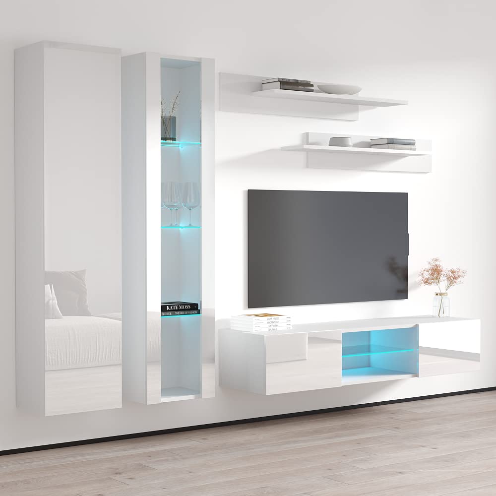 Modern White Wall-Mounted TV Stand with Storage Shelves & LED Lights - Floating Entertainment Center Console for Bedroom & Living Room - Perfect for Small Spaces & Home Theater Setups - Meble Furniture Fly A4 33TV Stand