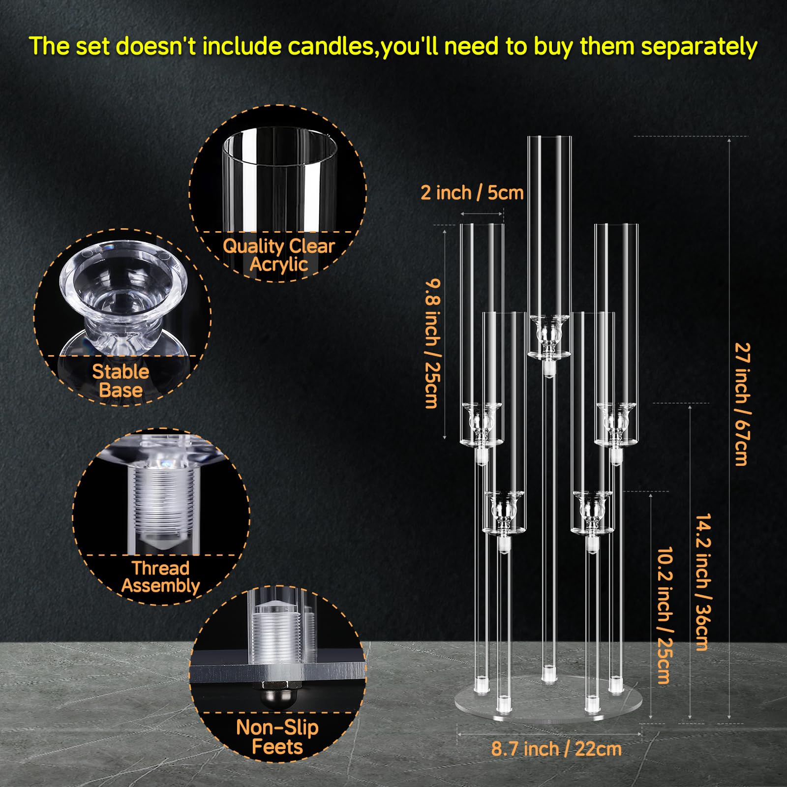 4-Piece Acrylic Candelabra Centerpiece Set - 5-Arm Clear Candlestick Holders with Acrylic Shades for Wedding, Valentine's Day & Dinner Party Decor - Perfect for Table Centerpieces, Fireplace Displays & LED Candle Holders