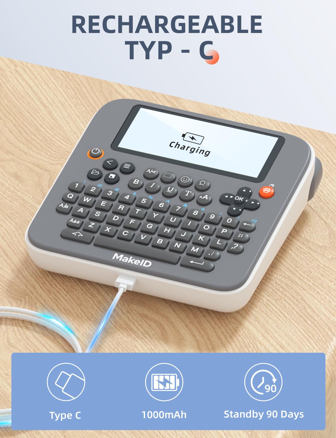 Makeid Label Maker E1 - Bluetooth Rechargeable Label Printer with QWERTY Keyboard & 3.4