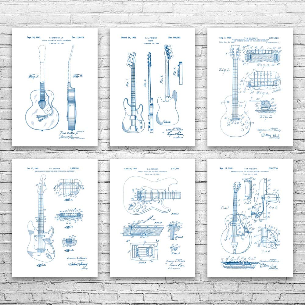 6-Pack Guitar Patent Posters - Unique Guitarist Gift & Wall Art for Musicians - Blue & White Guitar Decor Prints (12x16 Inch) - Perfect for Home, Studio & Music Room Decor
