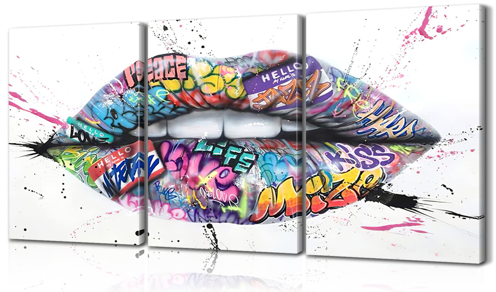 3 Piece Graffiti Art Wall Decor Set - Colorful Pop Art Lips Paintings on Canvas, Street Art Style for Living Room & Bedroom (20