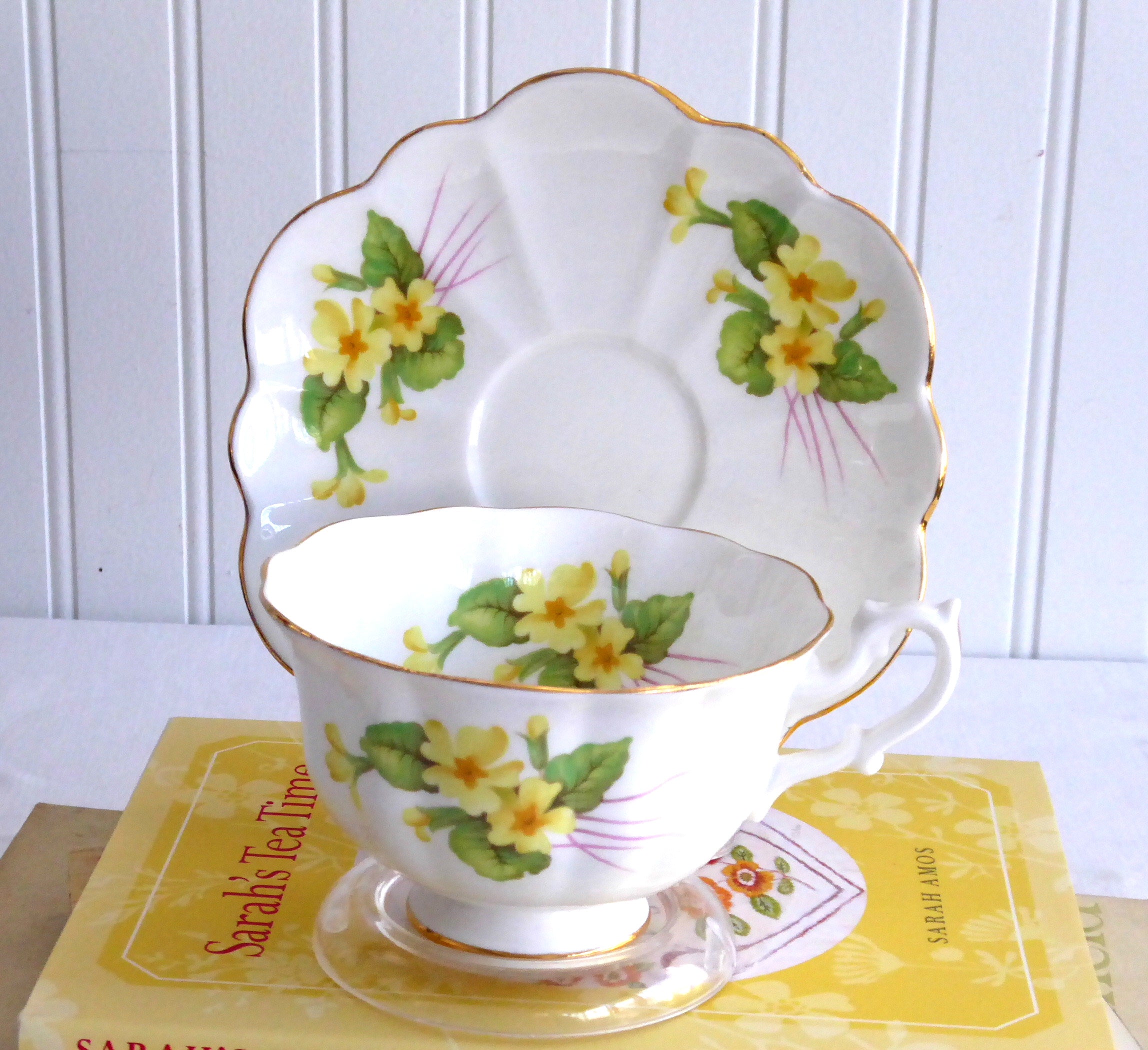 Vintage Shelley Primrose Atholl Thorn Shape Gold Trim Cup and Saucer Set - 1960s English Fine China for Afternoon Tea & Collectible Display