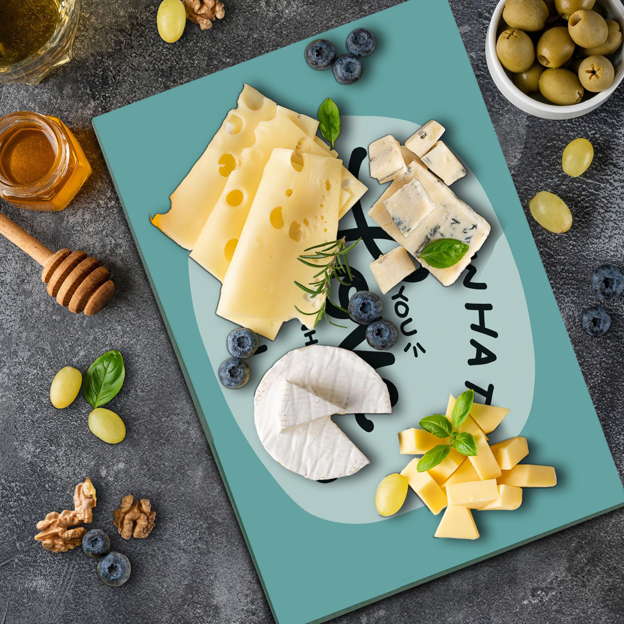 Ambesonne Motivational Cutting Board - 'Do What You Love' Inspirational Kitchen Decor, Tempered Glass Serving Board for Cheese & Charcuterie (Large, Turquoise/Black/White) - Perfect for Home Cooking, Entertaining & Housewarming Gifts
