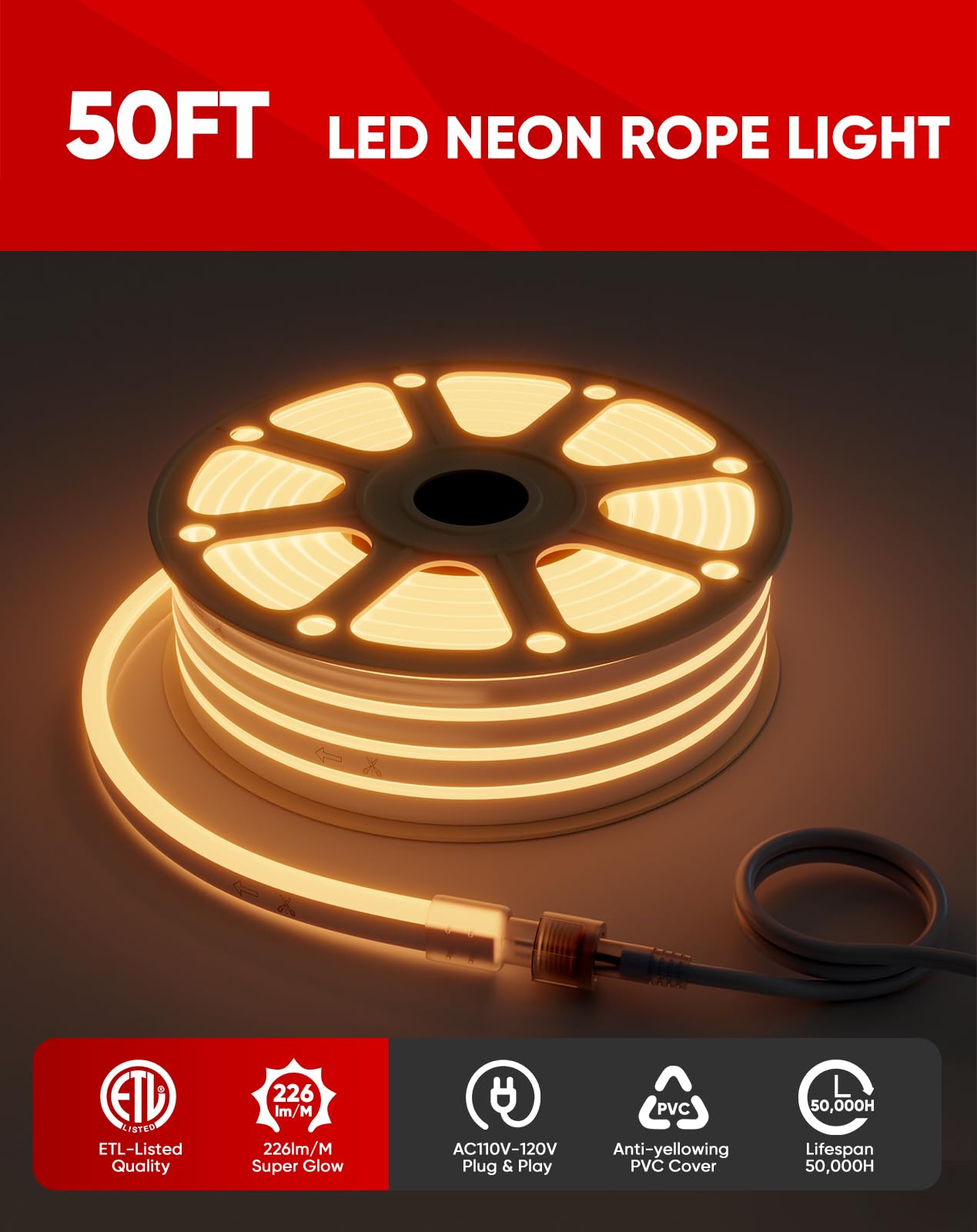 Shine Decor LED Neon Rope Lights 50ft - Expandable & Cuttable 120LEDs/M Bright Strip Lighting - ETL Certified Cold-Resistant & IP65 Waterproof - 2500K Warm White (8x16mm) - Perfect for Indoor & Outdoor Use - Bedroom, Bar, Wedding, Party, Garden Decoration