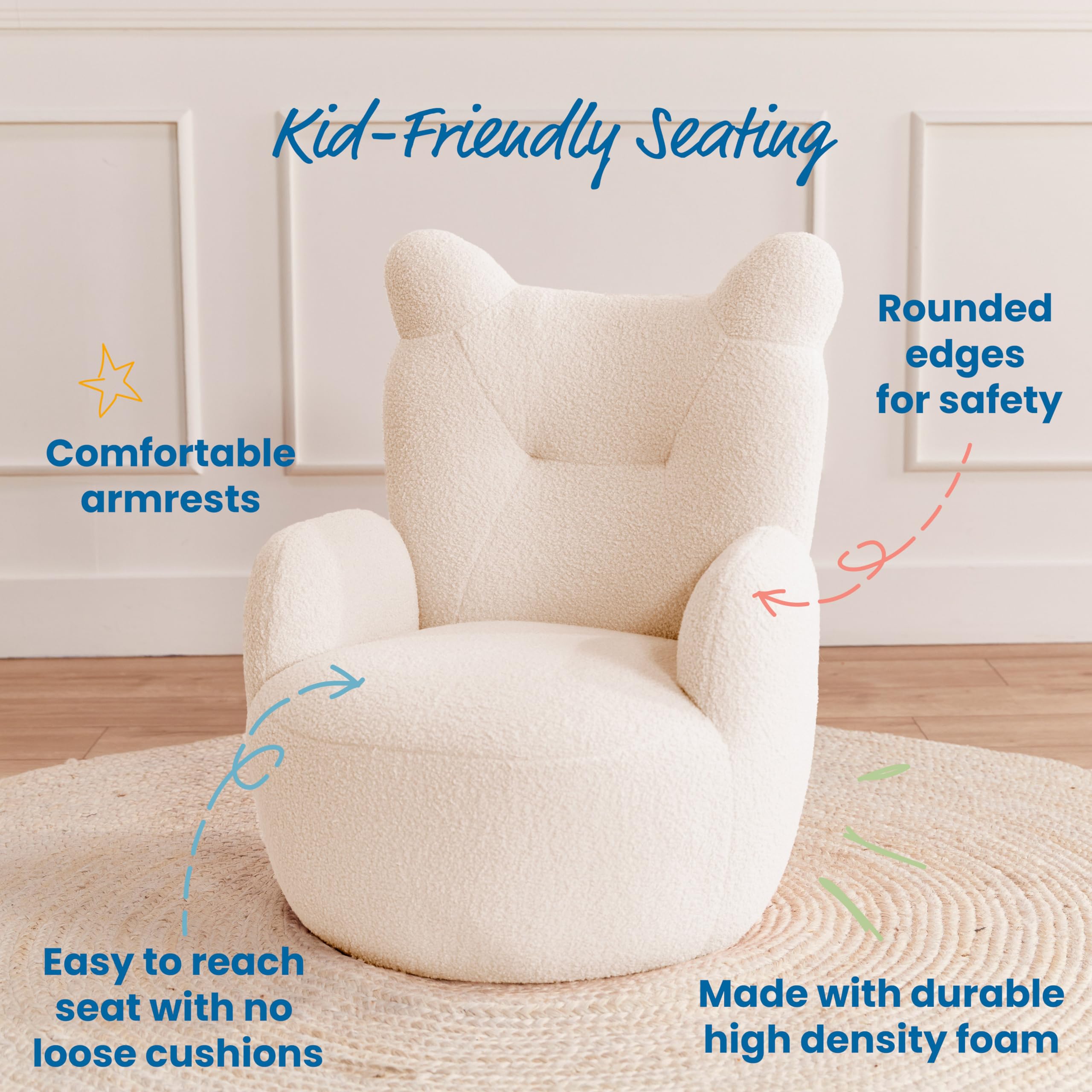 ECR4Kids Soft Teddy Bear Chair for Kids - Cozy & Durable Children's Furniture in White - Perfect for Playrooms, Bedrooms & Reading Nooks