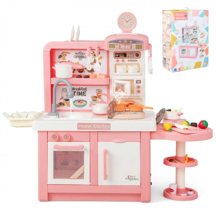 Pink Kids Play Kitchen Toy Set with Stove, Sink & Oven - Realistic Light & Sound Effects for Pretend Cooking & Role Play - Perfect for Preschool Learning & Indoor Toddler Activities