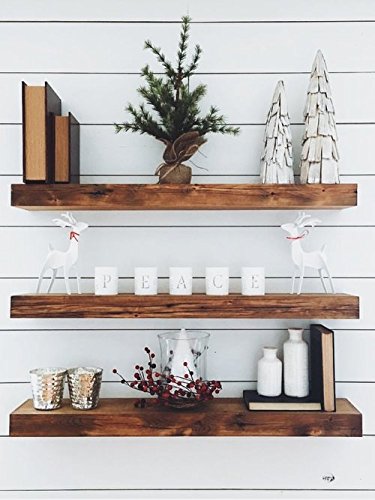 Rustic White Wash Wooden Floating Shelves Set of 3 - 7.5x1.5x24 Inch Wall Mounted Shelves for Home, Kitchen, Bathroom, Bedroom & Office Organization - Easy Installation with Brackets | Perfect for Displaying Decor, Books & Storage