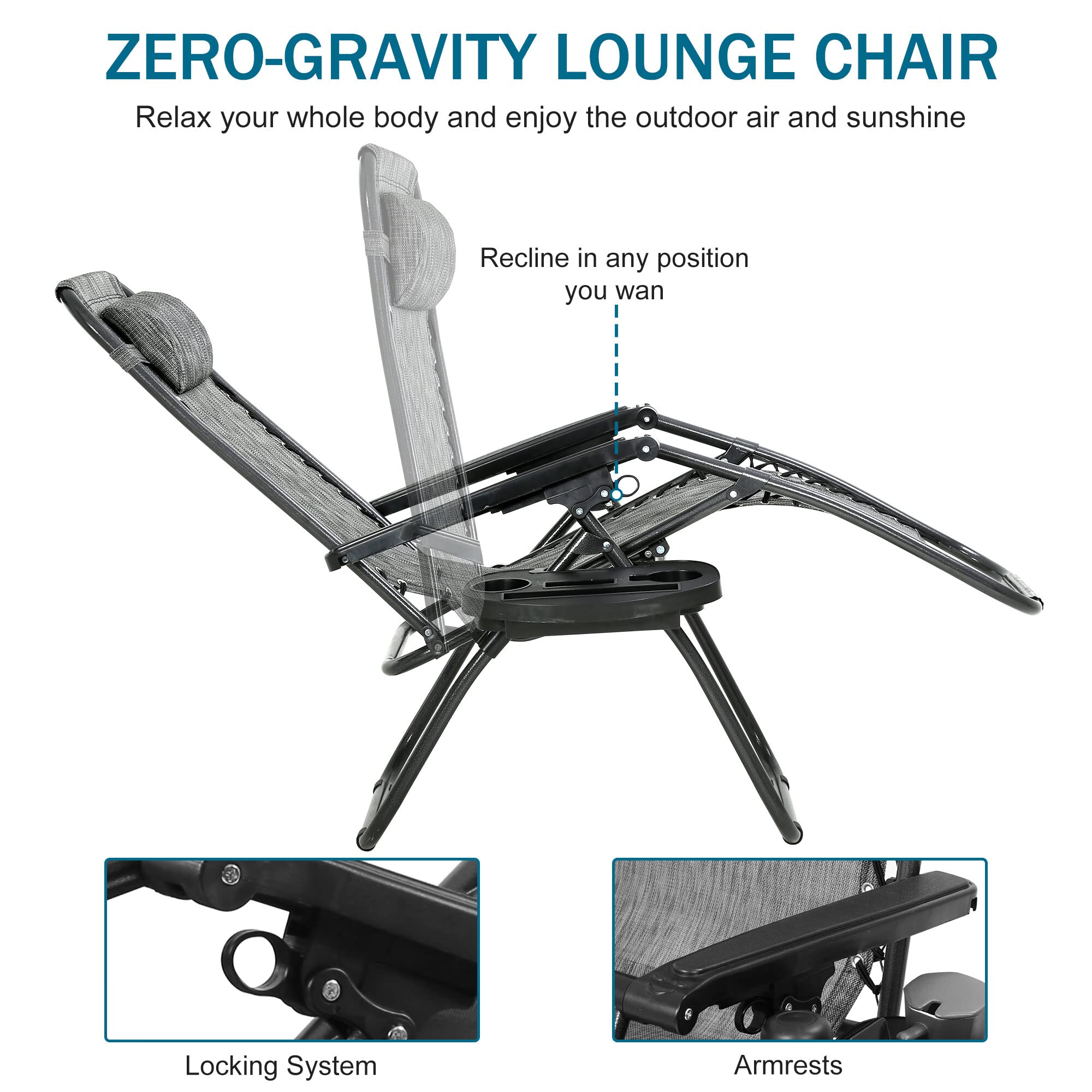 Zero Gravity Chair Set of 2 - Adjustable Folding Outdoor Lounge Chairs with Removable Pillow & Cup Holder | Portable Mesh Recliners for Patio, Beach, Camping, Poolside & Backyard Relaxation (Grey)