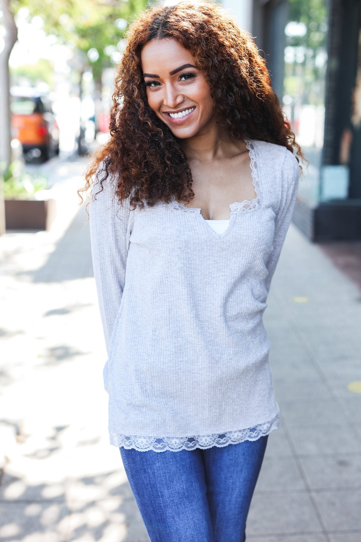 Feels Like Love Grey Lace Trim Ribbed Long Sleeve Top for Women | Elegant Casual Blouse for Date Night & Office Wear