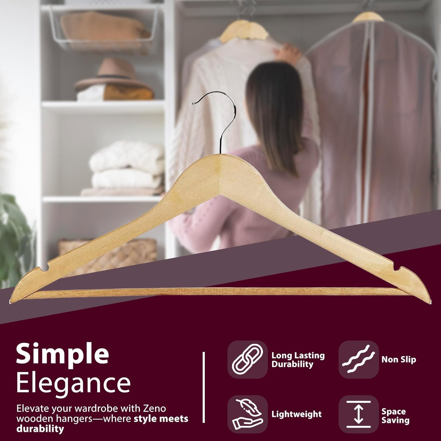 Premium 40-Pack ZENO Wooden Coat Hangers with 360° Rotating Hooks - Space Saving Closet Organizer for Jackets, Suits & Sweaters | Durable Round Trouser Bar & Shoulder Notches | Perfect for Home, Office & Retail Store Wardrobe Organization