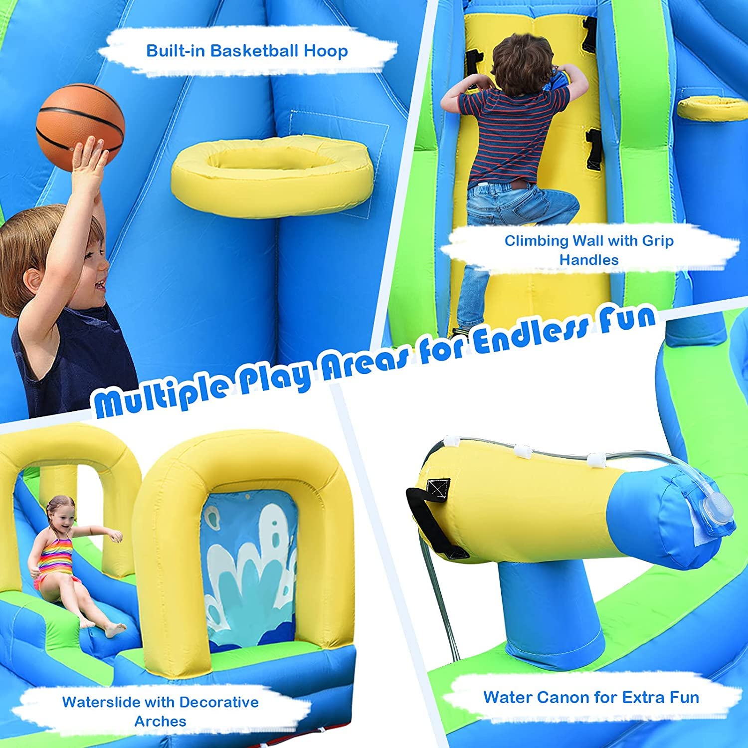 **HONEY JOY 5-in-1 Inflatable Water Slide Park with Water Cannons & Long Slide - Indoor/Outdoor Bouncy Castle for Kids & Adults - Backyard Summer Fun (Includes 735W Blower)**    **Perfect for backyard parties, family gatherings, summer celebrations, and outdoor water play!**