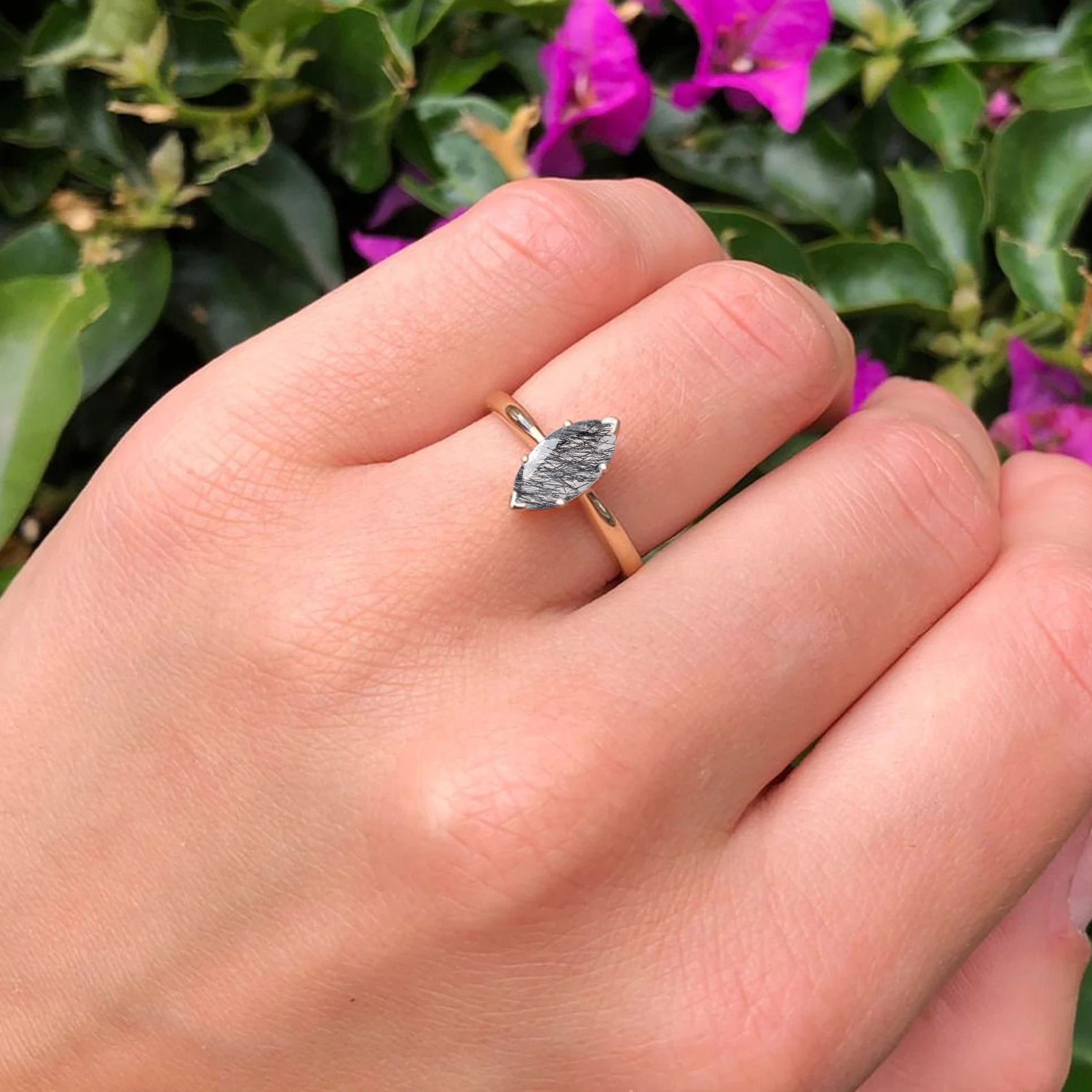14K White Gold Art Deco Marquise Natural Rutilated Quartz Solitaire Ring - Elegant Vintage Jewelry for Women, Perfect for Engagement, Wedding & Special Occasions