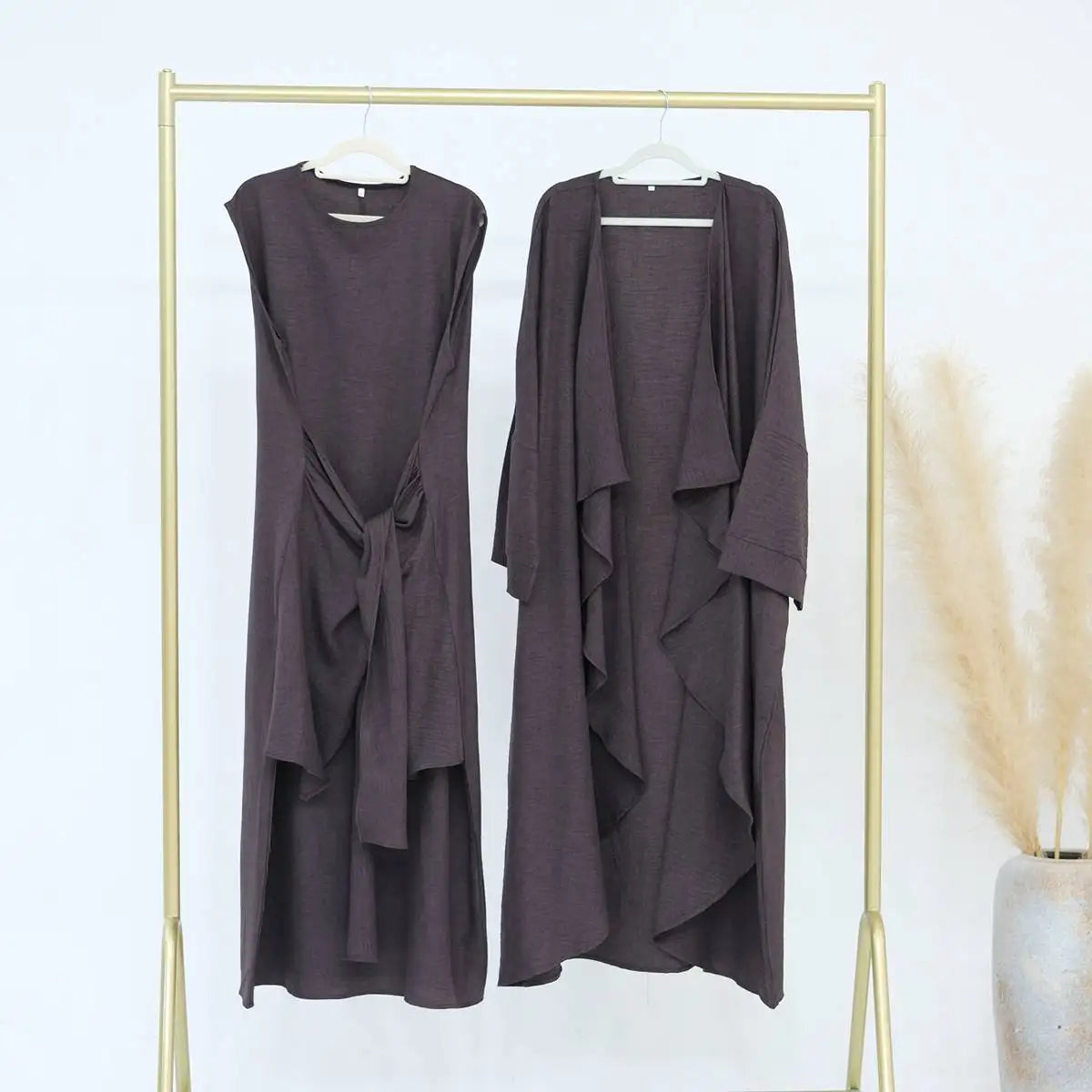 2-Piece Wrinkle-Free Open Abaya Dress Set with Inner Sleeveless Dress - Modest Muslim Fashion for Prayer, Eid, and Special Occasions