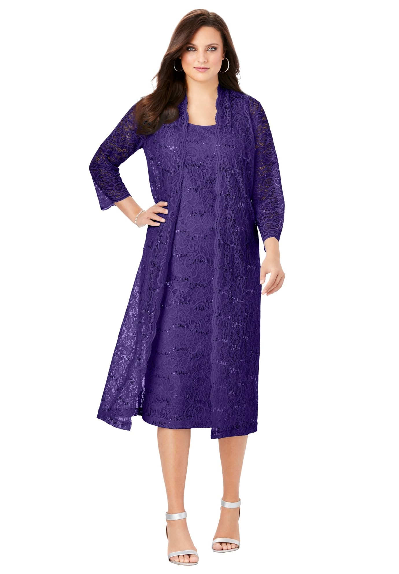 Romantic Women's Plus Size Sequin Lace Jacket Dress for Evening Parties, Weddings & Special Occasions | Elegant Formal Wear with Sparkle Details