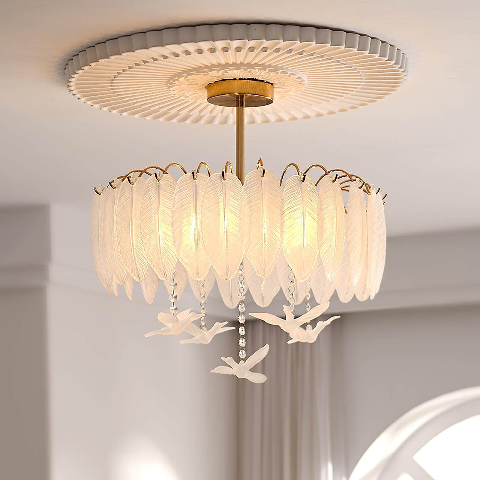 Elegant Glass Feather Ceiling Light Fixture - Modern Crystal Chandelier for Dining Room, Bedroom & Living Room Decor - Perfect for Home, Hotel and Wedding Venue Lighting