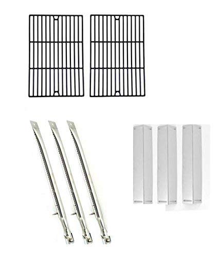 GGPL-2100 Gas Grill Repair Kit - 3 Stainless Steel Burners, Heat Shields & Porcelain Cast Cooking Grates Replacement Parts for BBQ Grillware | Perfect for Outdoor Cooking, Backyard BBQs & Grill Maintenance