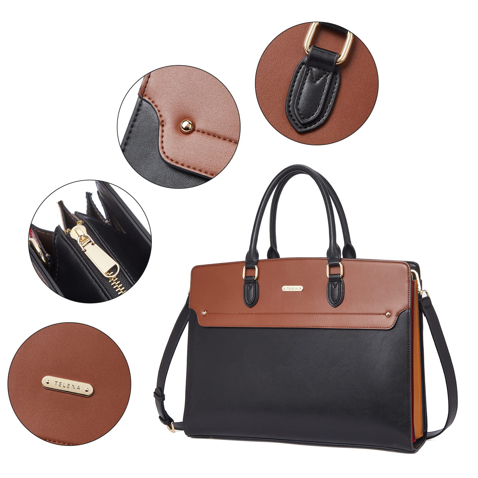 Telena 15.6 Inch Leather Laptop Tote Bag for Women - Stylish Shoulder Briefcase with Large Capacity - Perfect for Work, Business Meetings & Travel