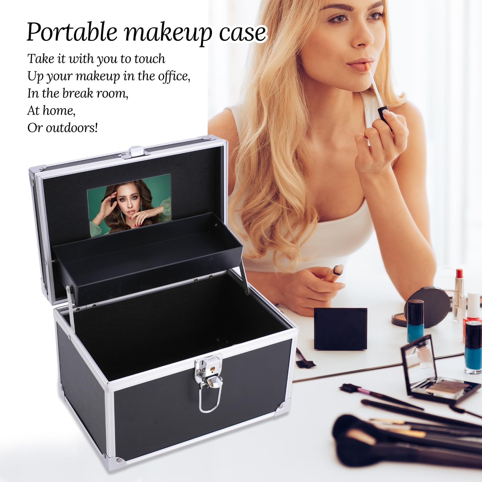 Portable Lockable Makeup Train Case with Mirror & Trays - 6.3