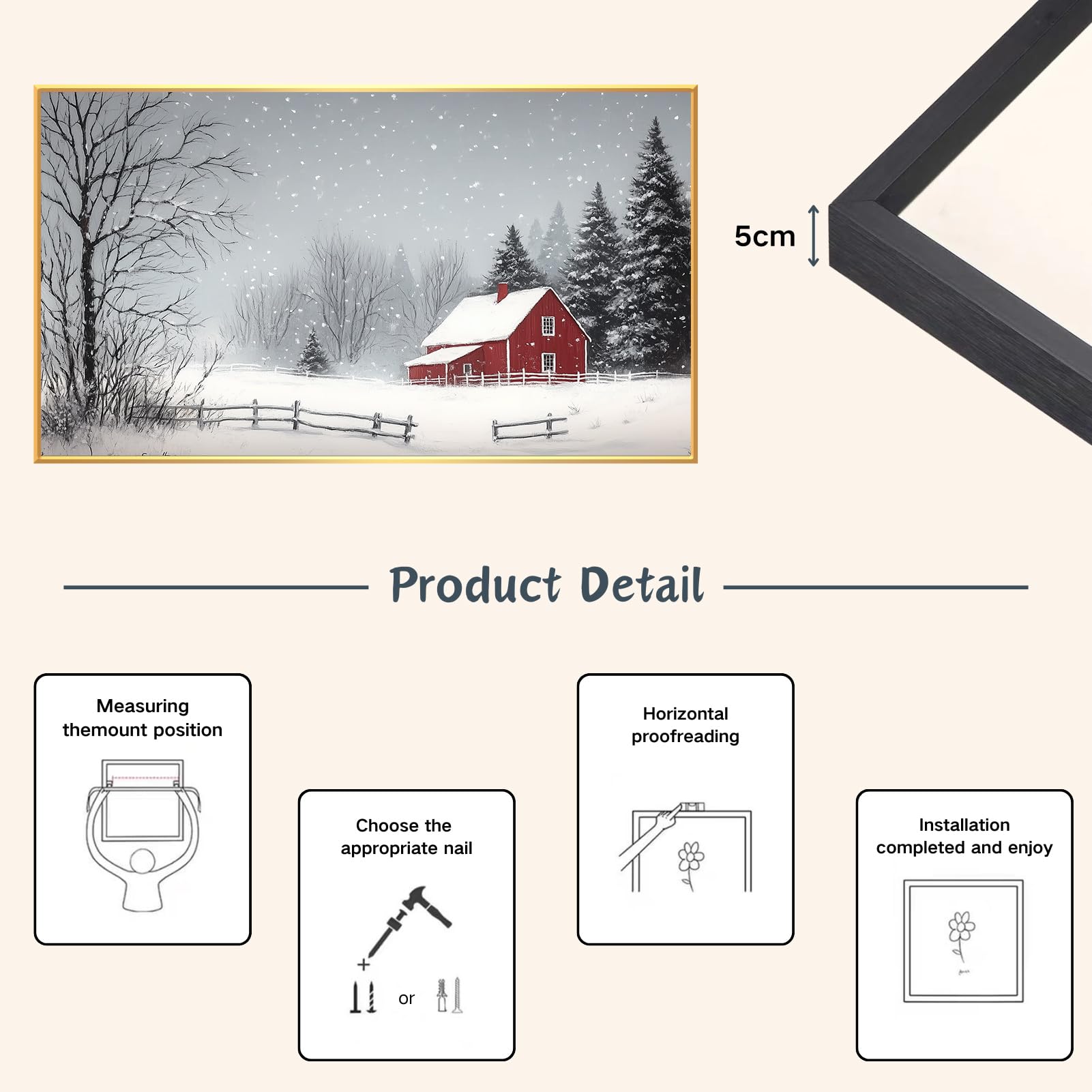 Farmhouse Winter Canvas Wall Art - Snowy Landscape with Red Barn & Trees - Gold Framed 23x13 inch (60x35cm) - Perfect for Living Room, Bedroom & Office Decor