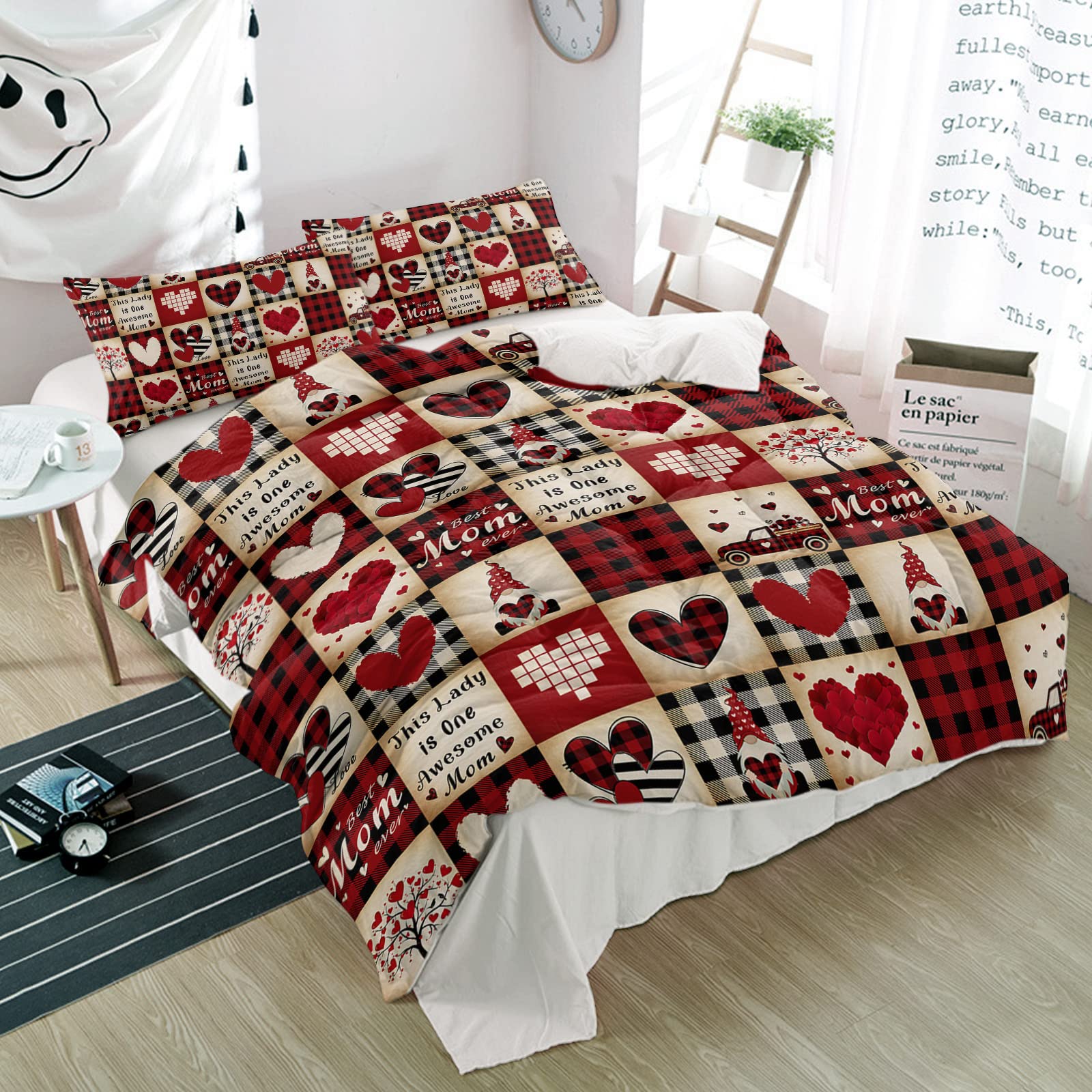 Possta Decor 3-Piece Duvet Cover Set - Mother's Day Gnome Love Farm Truck Design, Soft Quilt Cover & Pillowcases, Heart-Shaped Red Black Buffalo Plaid Microfiber Bedding Set for Full Size Bed | Cozy Farmhouse Bedroom Decor for All Seasons