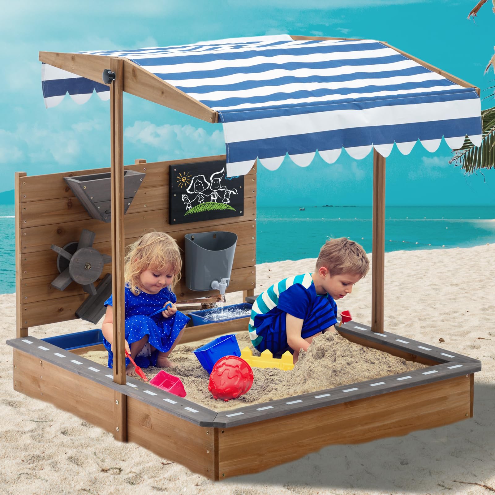 MOOITZ Large Wooden Sandbox with Adjustable Canopy Cover - Outdoor Sand Play Box for Kids, Backyard, Garden & Beach - Includes Sand Funnel & Drawing Board - Perfect for Patio, Playground & Outdoor Activities (Brown, 2023 Model)