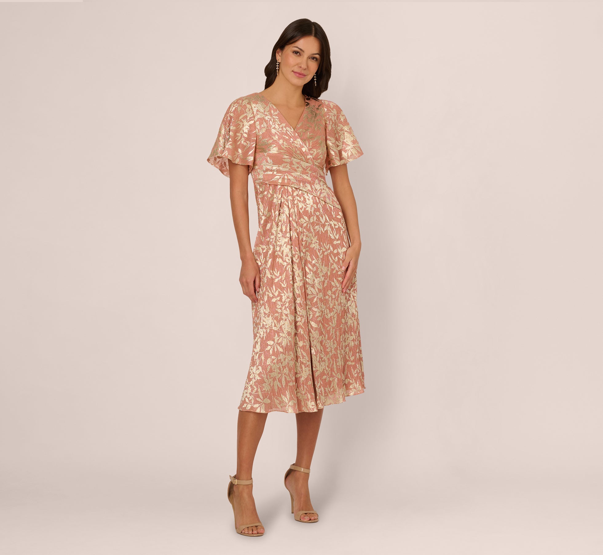 Elegant Coral Gold Flutter Sleeve Draped Foil Leaf Midi Dress for Women - Perfect for Cocktail Parties, Weddings & Evening Events