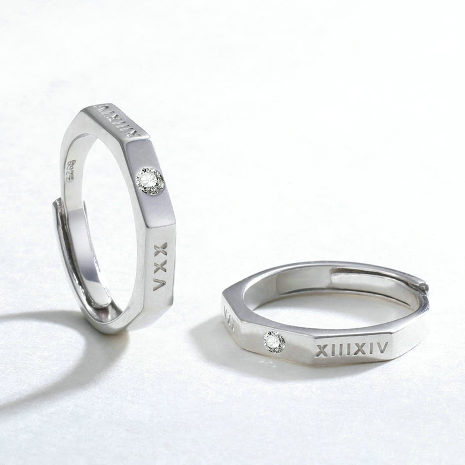 Personalized Sterling Silver Couple Engagement Rings with Roman Numerals & Cubic Zirconia - Adjustable Wedding Bands for Him & Her - Perfect for Anniversaries, Proposals, and Romantic Gifts