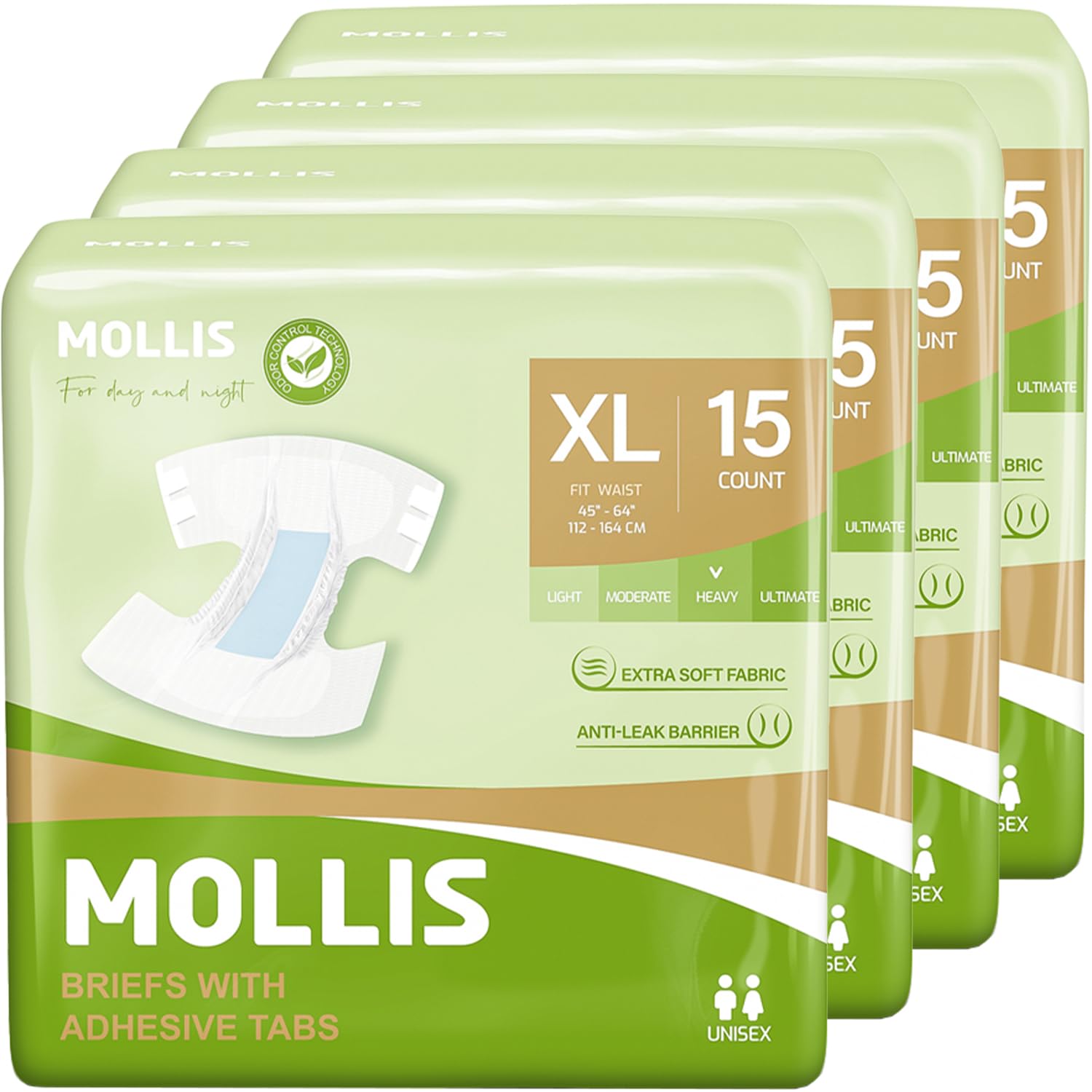 MOLLIS Adult Diapers for Women & Men - Unisex Disposable Incontinence Briefs with Tabs | Odor Control | XL Size (60 Count, 4 Packs of 15) | Ideal for Overnight Protection, Travel & Post-Surgery Care
