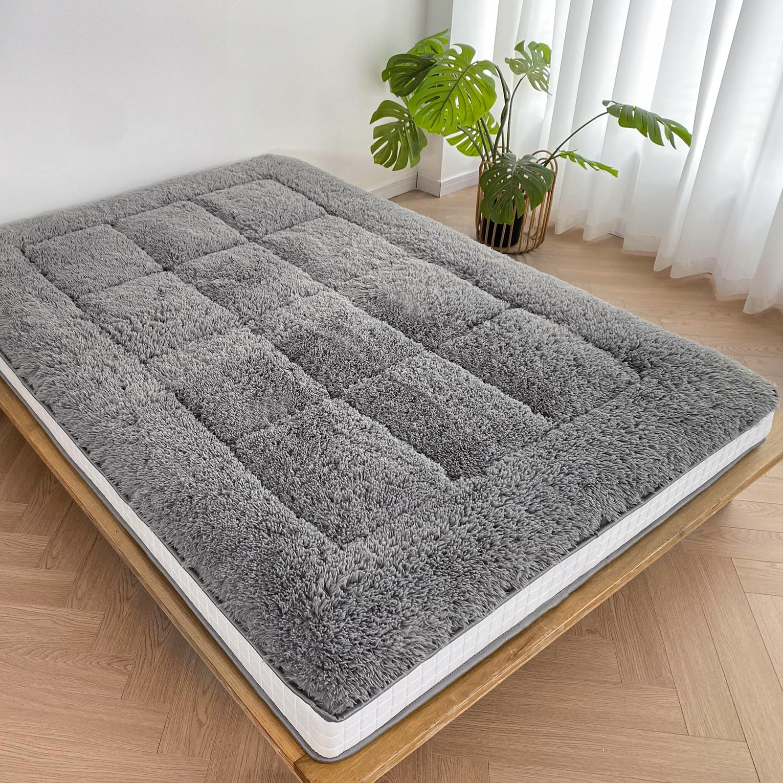 MAXYOYO 6-Inch Extra Thick Fluffy Floor Futon Mattress - Plush Square Quilted Mattress for Adults & Guests - Dark Grey - Perfect for Living Rooms, Guest Beds & Sleepovers