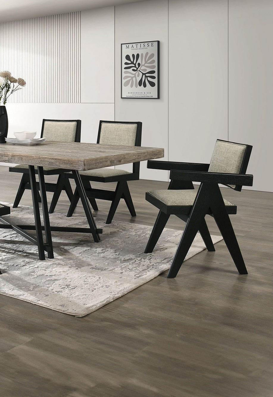 Modern Black 2-Piece Dining Arm Chairs with Light Gray Fabric Upholstery and Plank Arms - Elegant Dining Room Seating for Home, Restaurant, or Cafe