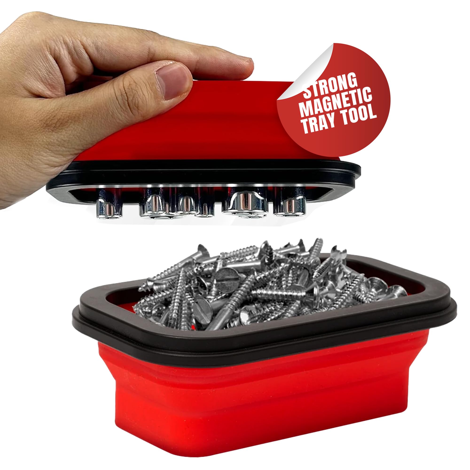 3-Piece Collapsible Magnetic Tool Tray Set - Foldable Silicone Organizer for Screws, Nuts, Bolts & Small Metal Parts with Strong Magnetic Base (Red) | Perfect for Mechanics, DIY Projects & Workshop Organization