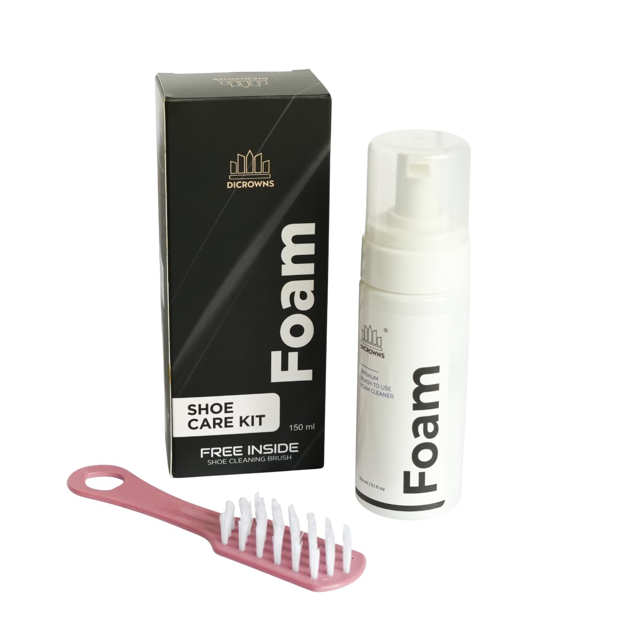 DICROWNS Shoe Cleaning Kit - 150ml Shoe Cleaning Foam Spray with All-Purpose Brush | Professional Sneaker Cleaner for Sports Shoes, Suede & Rubber | Perfect for Gym, Running & Daily Shoe Care
