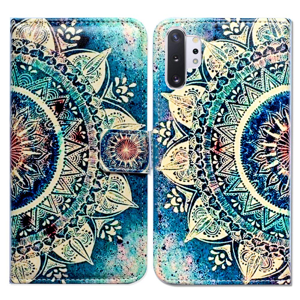 Premium Leather Wallet Case for Samsung Galaxy Note 10 Plus - Green Mandala Design with Card Slots & Kickstand | Protective Cover with Side Pocket for Credit Cards & ID | Perfect for Work, Travel & Daily Use
