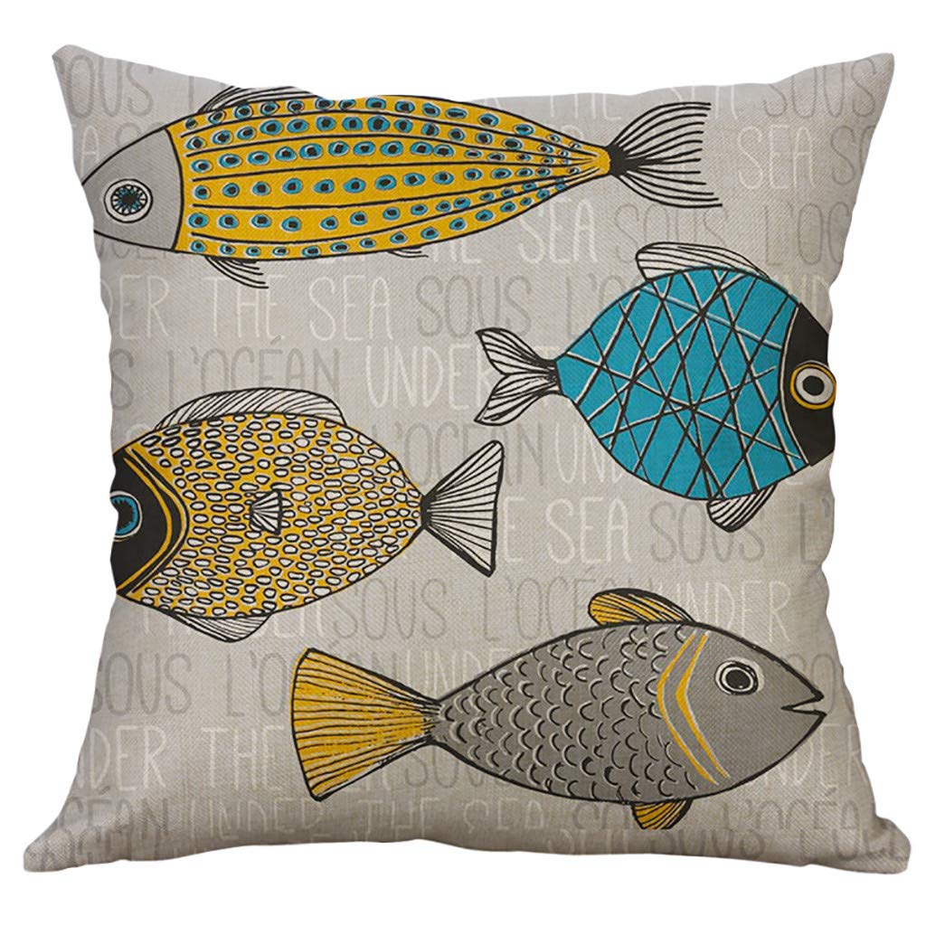100% Linen Marine Life Pillow Cover 40x40cm - Decorative Throw Pillow Case for Sofa, Bed, Living Room | Large Home Decor Accent (One Size)