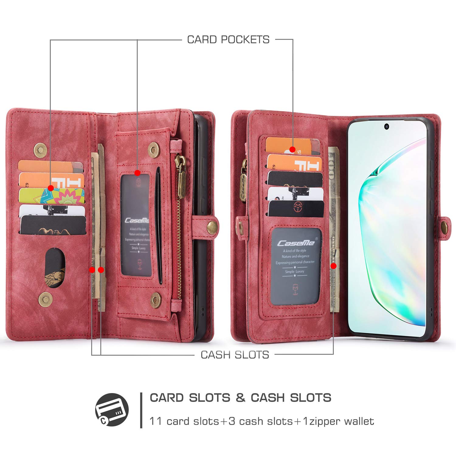 Samsung Galaxy S24 Ultra Wallet Case - Premium Leather Magnetic Flip Cover with Detachable Wrist Strap, 11 Card Slots & Shockproof Protection (Red) - Perfect for Business Travel, Daily Commute & Hands-Free Convenience